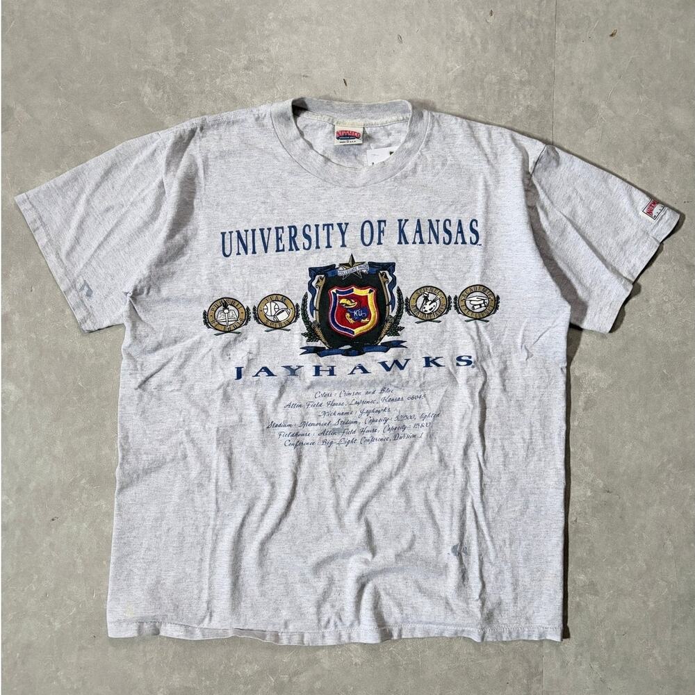 90s Vintage Kansas Jayhawks Distressed Nutmeg Heather Grey T-Shirt -XL